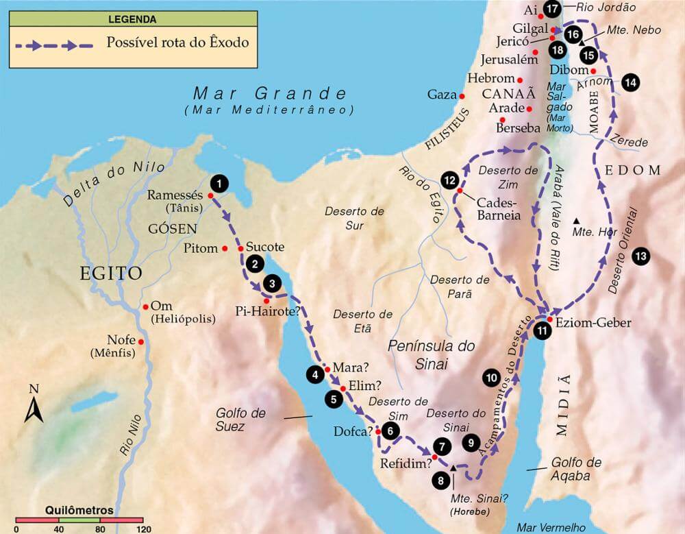 Mapa do caminho dos israelitas do Egito até Canaã